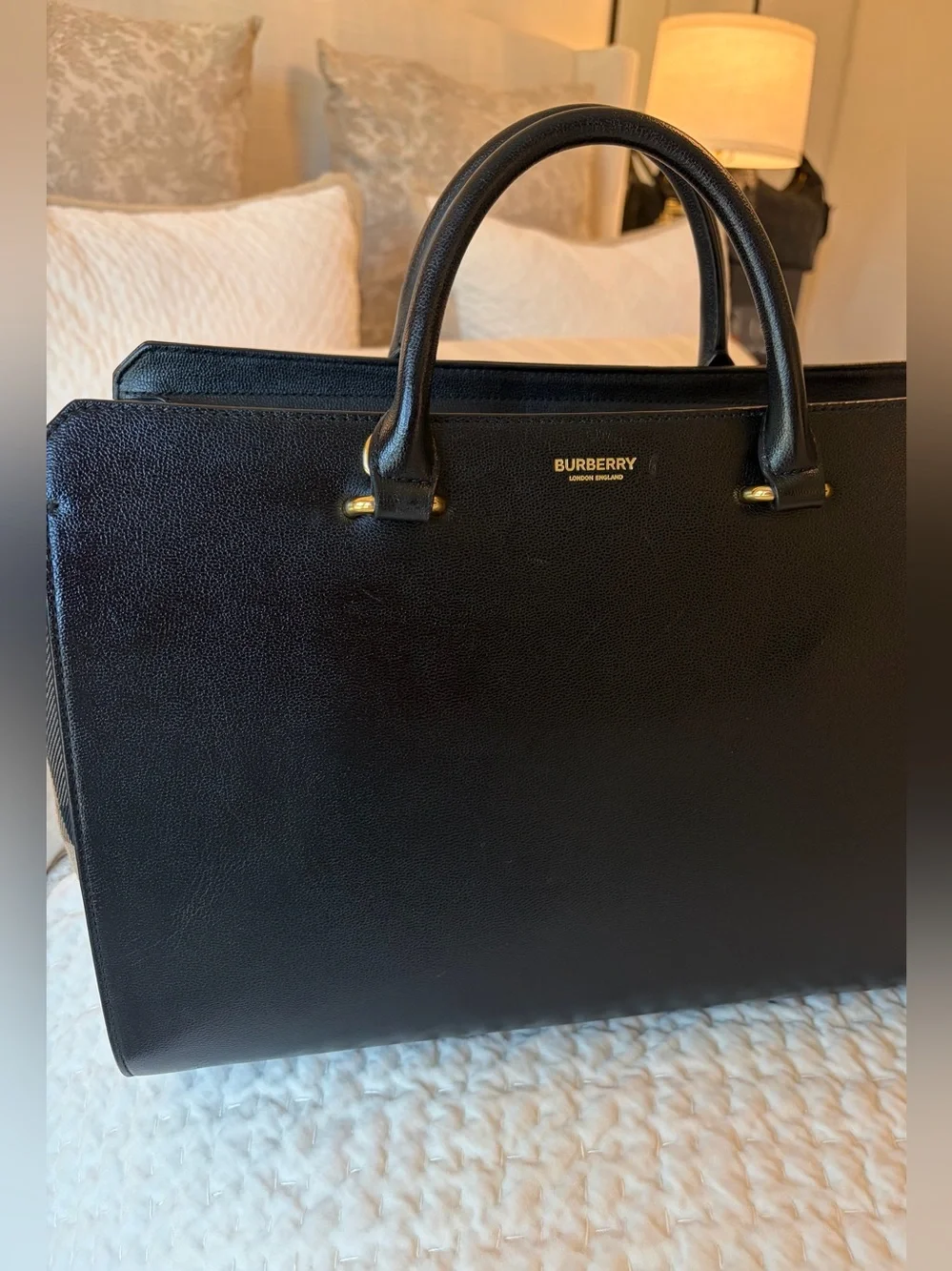BURBERRY Calfskin Mega Check Medium Banwell Tote Black